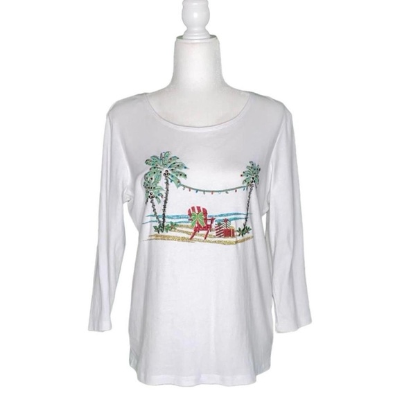 Karen Scott Tops - Karen Scott Coastal Christmas Embroidered Palm Tree Cotton Knit Top, Size M